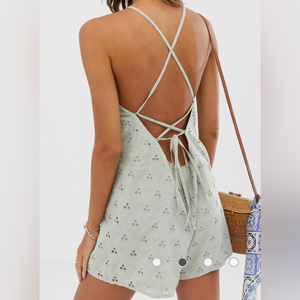 BRAND NEW ASOS DESIGN palm broderie romper with cross strap open back